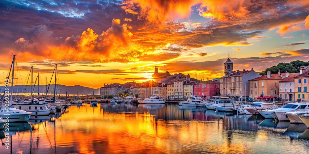 Vibrant sunset over Saint-Tropez harbor on a summer evening , Saint-Tropez, France, harbor, sunset, colorful, vibrant Vibrant sunset over Saint-Tropez harbor on a summer evening , Saint-Tropez, France, harbor, sunset, colorful, vibrant