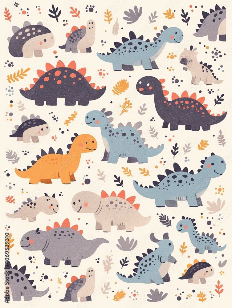 A colorful pattern featuring various cartoon dinosaurs and foliage elements. A colorful pattern featuring various cartoon dinosaurs and foliage elements.