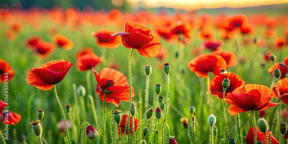 Obraz premium Vibrant red poppies standing out in lush green grass, poppies, red, flowers, vibrant, bright, colorful, outdoors, nature, field