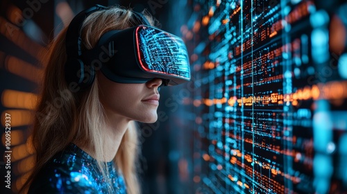 Woman in Virtual Reality Headset Experiencing Technology