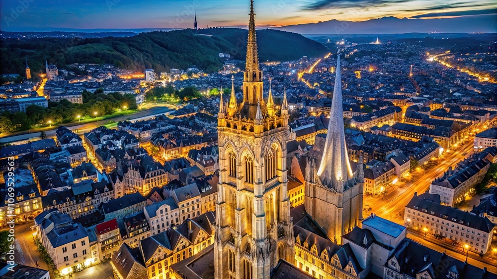 Obraz premium Aerial close up view of the Archives tower at night in Rouen, Normandy, France, Rouen, Normandy, France