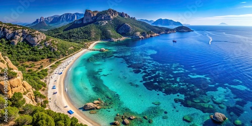 Fototapeta Naklejka Na Ścianę i Meble -  Aerial drone view of Cala Sisine beach in the Golf of Orosei, Sardinia, Italy, beach, coastline, drone