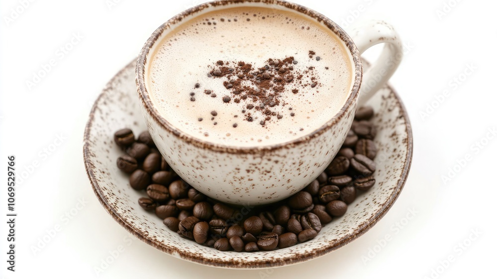 Cup of frothy coffee with beans on saucer Cup of frothy coffee with beans on saucer
