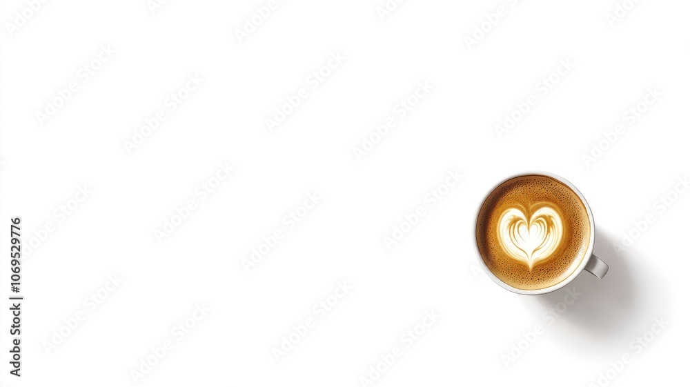 Cup of cappuccino with heart-shaped latte art on white background Cup of cappuccino with heart-shaped latte art on white background