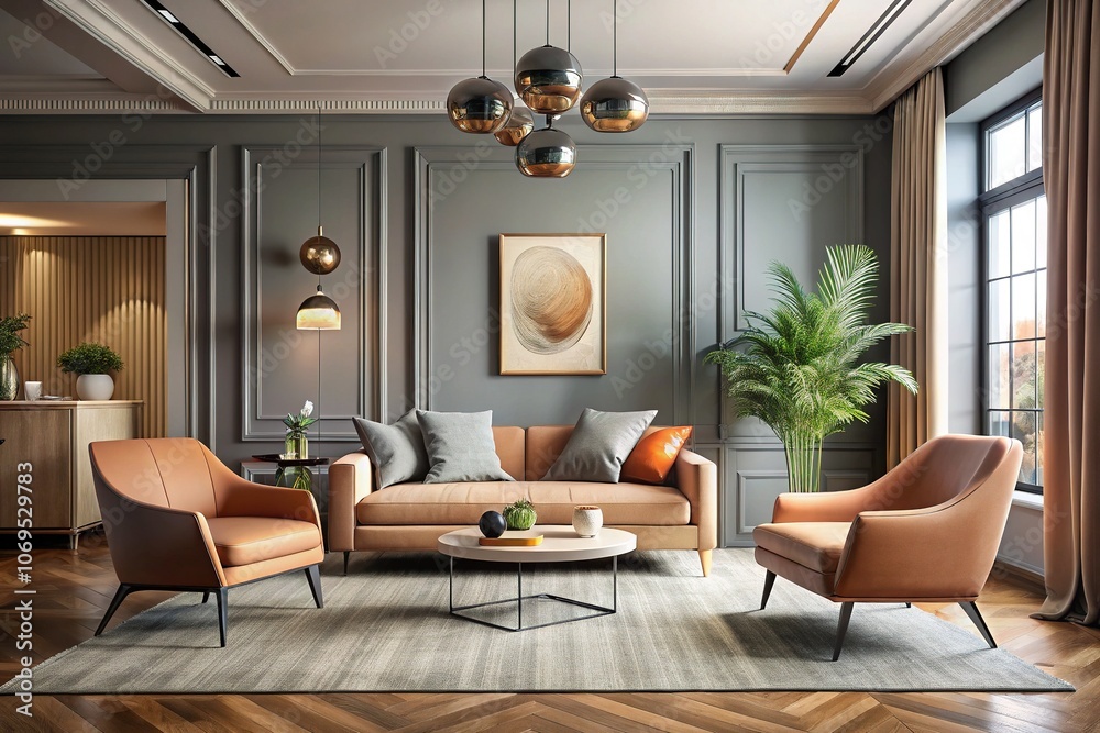 Peach Fuzz 2024 Luxury Living Room - Gray Walls, Pastel Chairs Peach Fuzz 2024 Luxury Living Room - Gray Walls, Pastel Chairs
