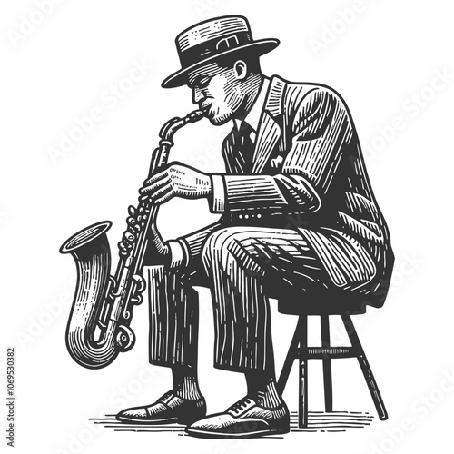 Saxophone jazz player in a suit and hat, capturing essence of classic jazz music sketch engraving generative ai fictional character vector illustration. Scratch board imitation. Black and white image.