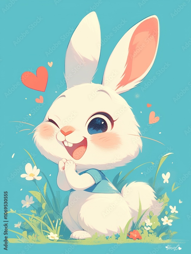 Fototapeta premium A cute, smiling white rabbit with big eyes, surrounded by flowers and hearts.