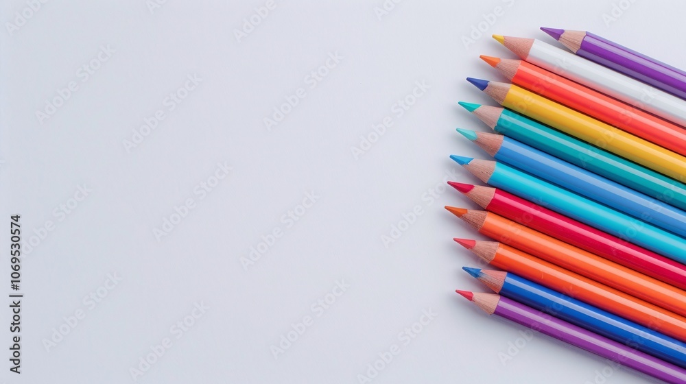 Naklejka premium Colorful wooden pencils arranged diagonally, vibrant rainbow colors, white background, creative art supplies, simple flat lay design, minimal and inspiring stationery