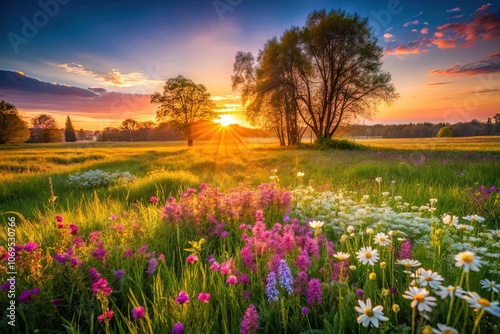 Fototapeta Naklejka Na Ścianę i Meble -  Spring Low Light Photography,  Beautiful Polish Landscape,  Nighttime Meadow