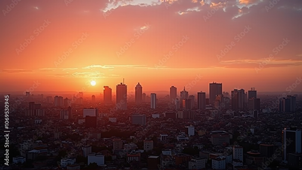 Fototapeta premium Sunset over city skyline with silhouetted buildings under orange sky. Peaceful, urban, end of day. Generative, AI.