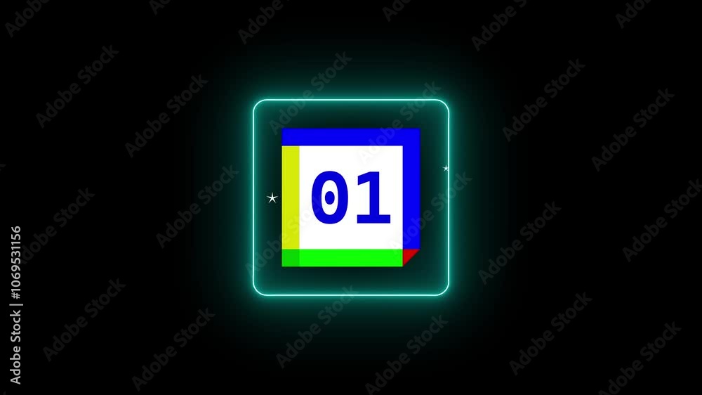 Neon Glow Sign: Calendar Page Icon Animation with '01' Date in 4K – Modern Countdown Visual for Time Tracking, Scheduling, and Event Planning. Neon Glow Sign: Calendar Page Icon Animation with '01' Date in 4K – Modern Countdown Visual for Time Tracking, Scheduling, and Event Planning.