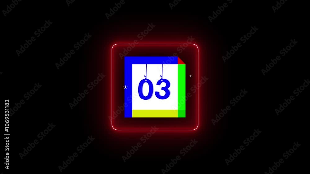 Neon Glow Sign: Calendar Page Icon Animation with '03' Date in 4K – Modern Countdown Visual for Time Tracking, Scheduling, and Event Planning.