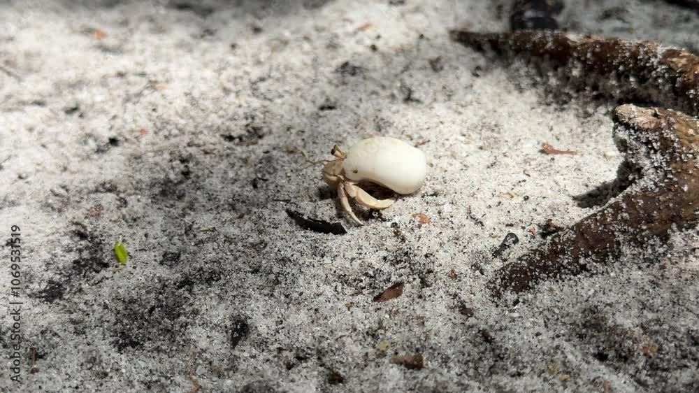 Hermit crab walking along sandy beach of ocean or sea Hermit crab walking along sandy beach of ocean or sea