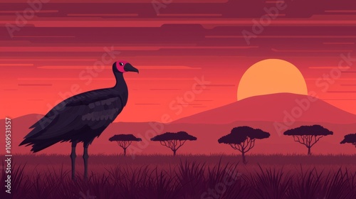 A black bird with a red head stands in a grassy field with acacia trees and a setting sun in the background. photo