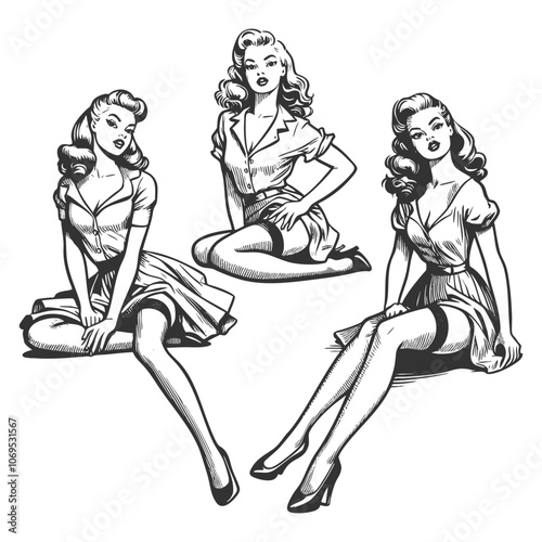 three women in classic pin-up style, sitting in elegant poses with vintage attire and hairstyles sketch engraving generative ai vector illustration. Scratch board imitation. Black and white image.