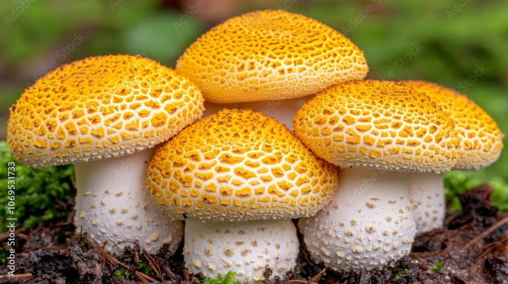 A group of four yellow mushrooms with white stems grow in a patch of green moss. A group of four yellow mushrooms with white stems grow in a patch of green moss.
