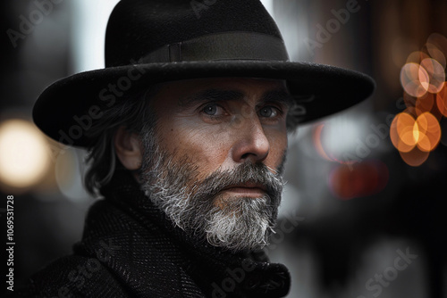 Close-up portrait of a middle age caucasian man with gray beard wearing a hat and looking at the camera. Blurred background