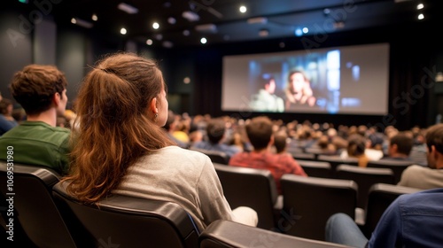 A crowd of people watch a movie on the big screen in a darkened theater. photo