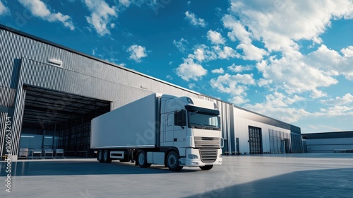 A white semi truck is parked in front of a building. The building is a warehouse