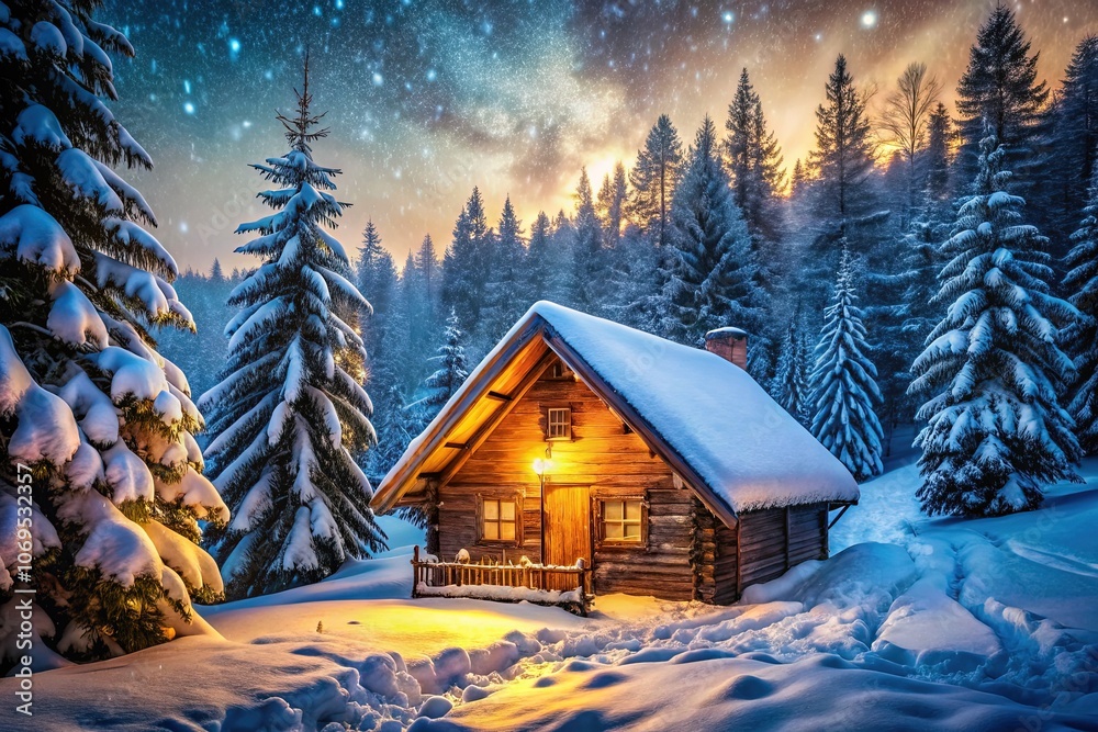 Fototapeta premium Winter Forest Hut, Snowfall, Wooden Cabin, Low Light