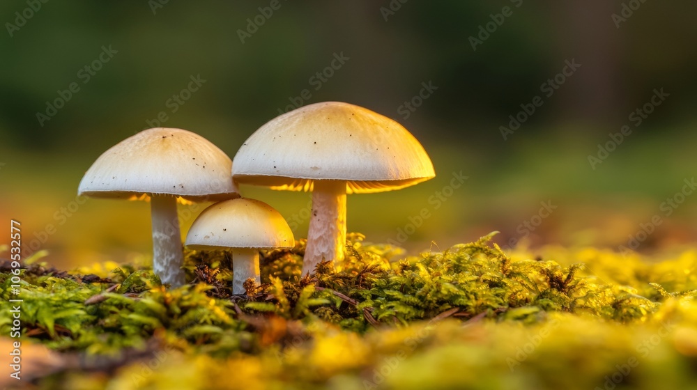 Three small mushrooms growing in moss with sunlight shining on them. Three small mushrooms growing in moss with sunlight shining on them.