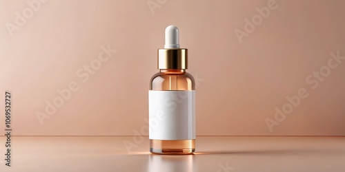 A Clear Glass Bottle with a Gold Cap and a White Label, Standing on a Smooth Surface Against a Soft Peach Background