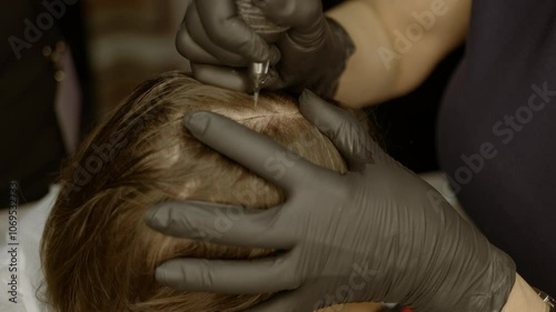 Close up shots of Scalp micropigmentation, also known as a hair tattoo, can cover bald spots or thinning hair without surgery