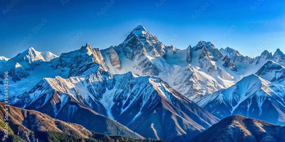 Obraz premium Snow-capped peaks rise against a cerulean sky, their rugged forms casting long shadows across a landscape of frosted slopes and verdant valleys.