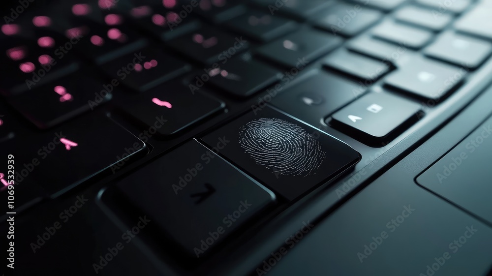 Close-up of fingerprint scanner on black keyboard with pink backlighting Close-up of fingerprint scanner on black keyboard with pink backlighting