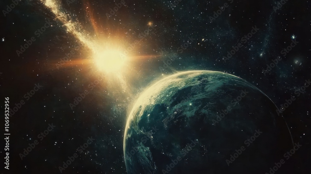 Obraz premium A stunning cosmic view of Earth with a bright celestial body illuminating the space.