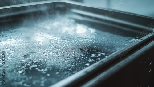 Steaming pan of hot water with condensation on metal sides