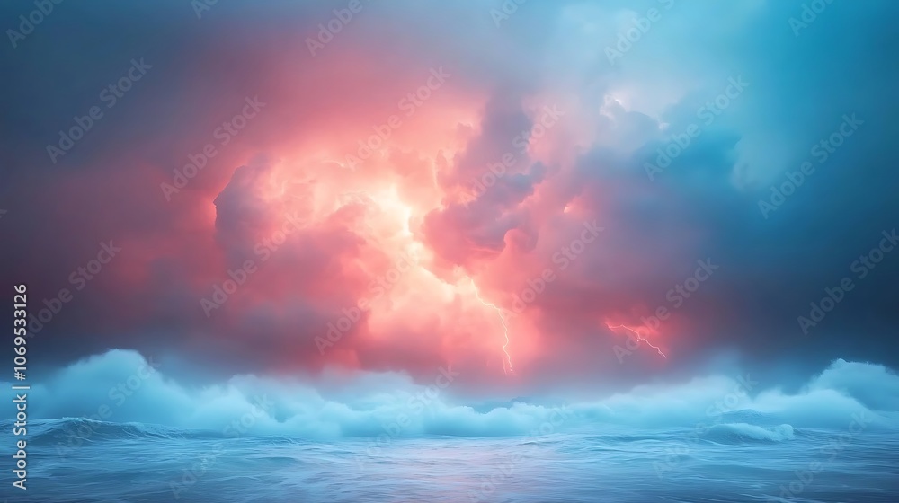 Obraz premium Nature unleashes power a stunning display of lightning and stormy waves at dusk