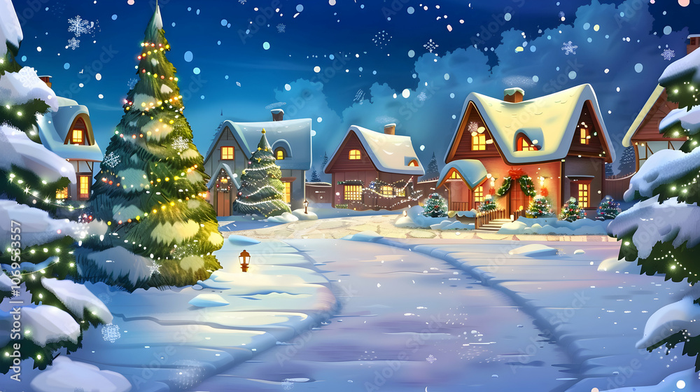 A snowy village scene with decorated trees and cozy homes, evoking holiday cheer. A snowy village scene with decorated trees and cozy homes, evoking holiday cheer.