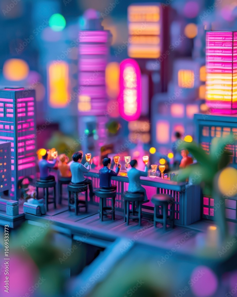 Vibrant rooftop bar scene captures friends enjoying drinks in a colorful cityscape at night