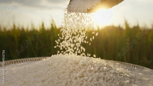 Rice grains cascade from a dustpan, symbolizing the fruits of labor.
