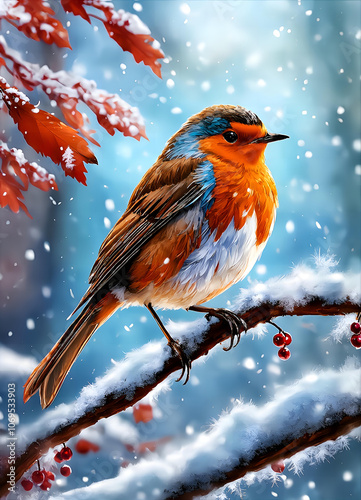 Vibrant Robin on Snowy Branch in Tranquil Winter Wonderland