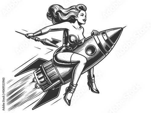 pin-up woman riding a rocket with a confident expression, embodying adventure and vintage sci-fi sketch engraving generative ai vector illustration. Scratch board imitation. Black and white image.