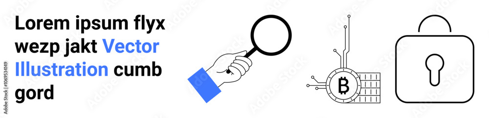 Hand holding magnifying glass, Bitcoin symbol with circuit lines, and padlock. Ideal for security, cryptocurrency, blockchain, investigation, analysis, financial technology, digital privacy concepts Hand holding magnifying glass, Bitcoin symbol with circuit lines, and padlock. Ideal for security, cryptocurrency, blockchain, investigation, analysis, financial technology, digital privacy concepts