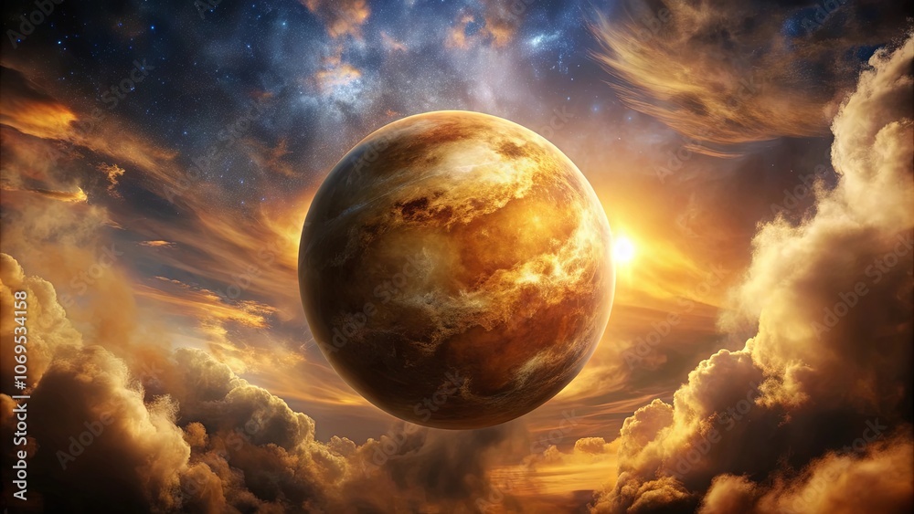 A celestial dance of fiery hues, where swirling clouds embrace a golden planet against a backdrop of twinkling stars. A celestial dance of fiery hues, where swirling clouds embrace a golden planet against a backdrop of twinkling stars.