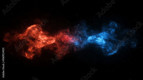 An abstract depiction of nebula smoke fire in red and blue light isolated on a black background, embodying the concept of versus, competition, and fight