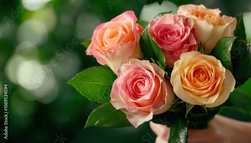 A vibrant bouquet of pink and peach roses held against a blurred green backdrop, showcasing their delicate petals and lush foliage.