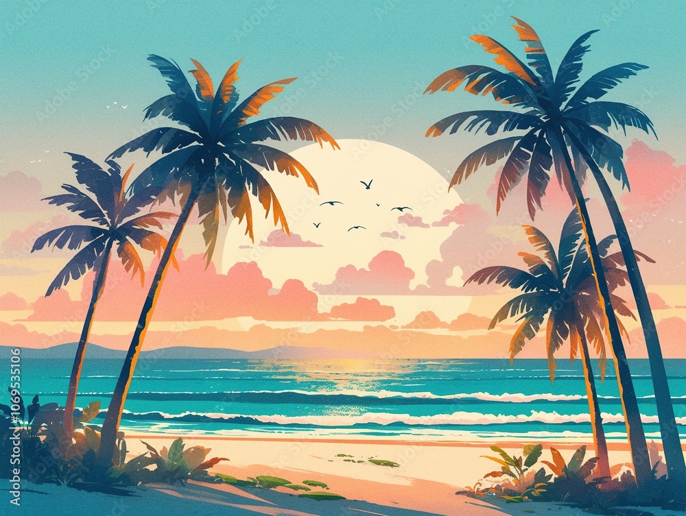 Obraz premium A serene beach scene at sunset with palm trees and gentle waves.