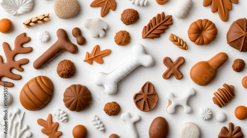 Delightful assortment of dog treats featuring earthy textures and brown colors, including bones, leaves, and various shapes that evoke natural feel