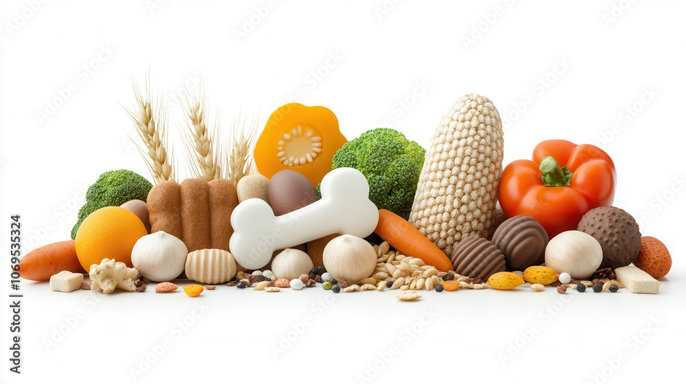 Healthy dog treats with organic textures and vibrant colors, featuring vegetables, grains, and various shapes. delightful assortment for pet lovers Healthy dog treats with organic textures and vibrant colors, featuring vegetables, grains, and various shapes. delightful assortment for pet lovers