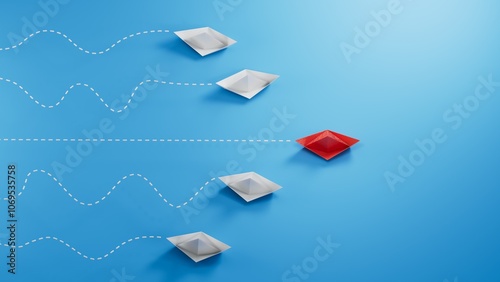 Individual red leader paper boat lead other. Business and leaderboat concept. 3D illustration.3D rendering on blue background.