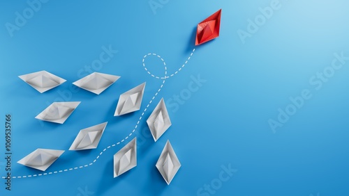 Leaderboat and paper boats.new ideas. paper art style. creative idea.3D rendering on blue background. photo