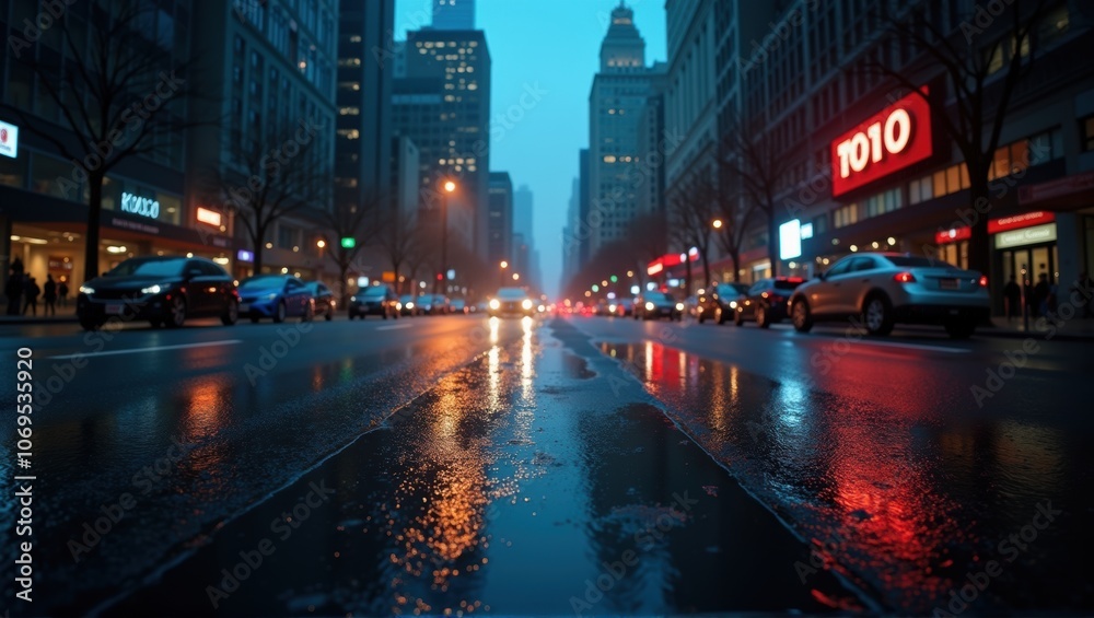 Obraz premium Dusk cityscape with illuminated buildings, wet street reflections, cars, and a hazy sky. Mysterious, urban, moody atmosphere. Generative, AI.