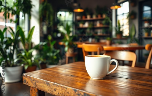 Cozy Cafe Scene with a Coffee Mug Surrounded by Indoor Plants