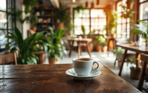 Serene Coffee Moment in a Cozy Cafe Setting with Greenery