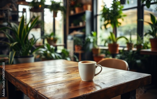 Cozy Cafe Scene with Coffee and Lush Green Plants